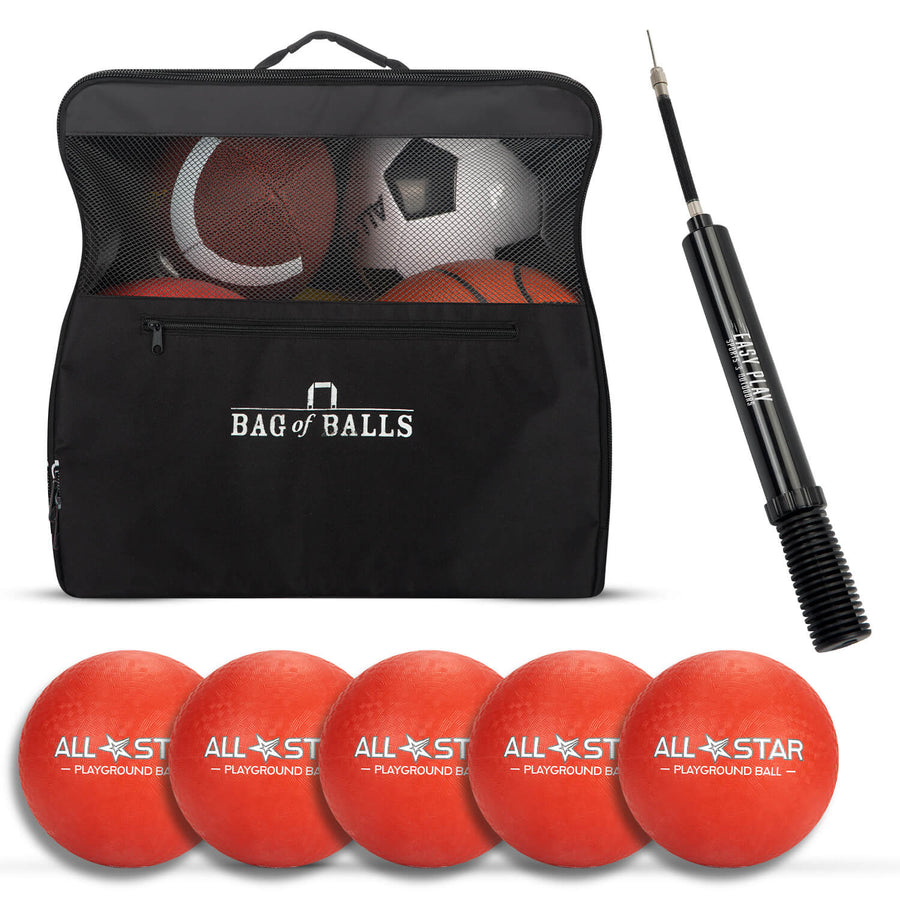 Complete Sports Ball Set w/ Carrying Bag - Soccer, Football, Basketball, Volleyball, Dodgeball, and Pump - Easy Play Sports and Outdoors